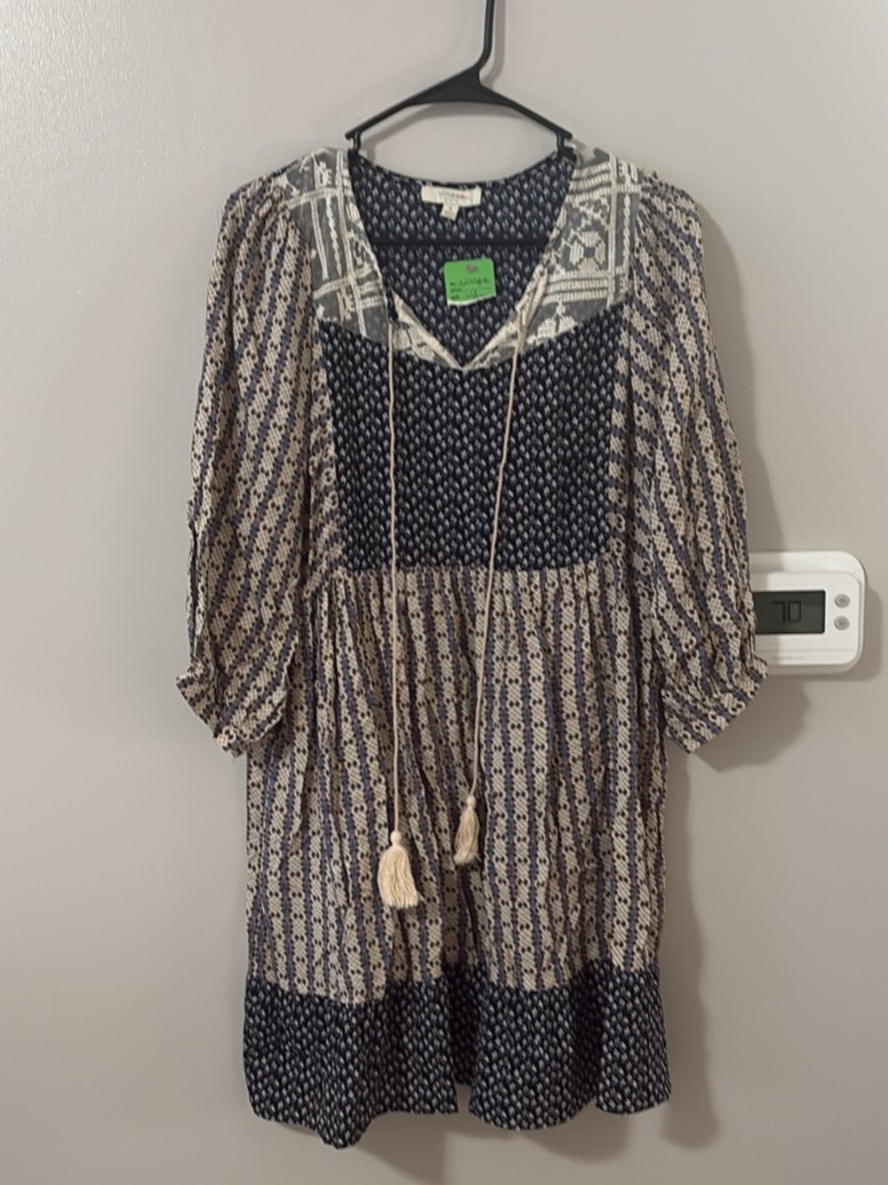 Umgee Navy and Cream Long Sleeve Boho Tunic Dress with Tassel Tie